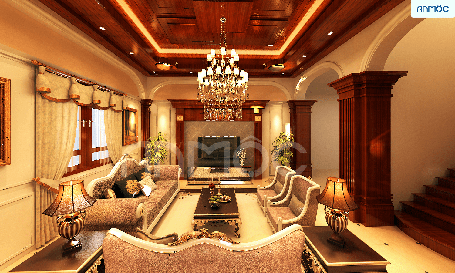 Đối với không gian biệt thự rộng lớn sang trọng có thể sử dụng loại đèn chùm treo trên trần doi-voi-khong-gian-biet-thu-rong-lon-sang-trong-co-the-su-dung-loai-den-chum-treo-tren-tran