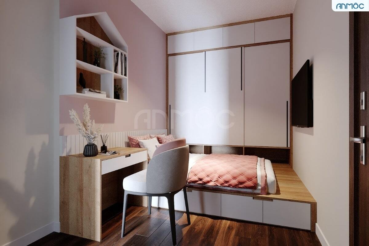 55+ Mẫu Thiết Kế Nội Thất Chung Cư "Đỉnh Nhất" 2026 3082 Giường ngủ đơn thiết kế dạng bục tích hợp tủ lưu trữ