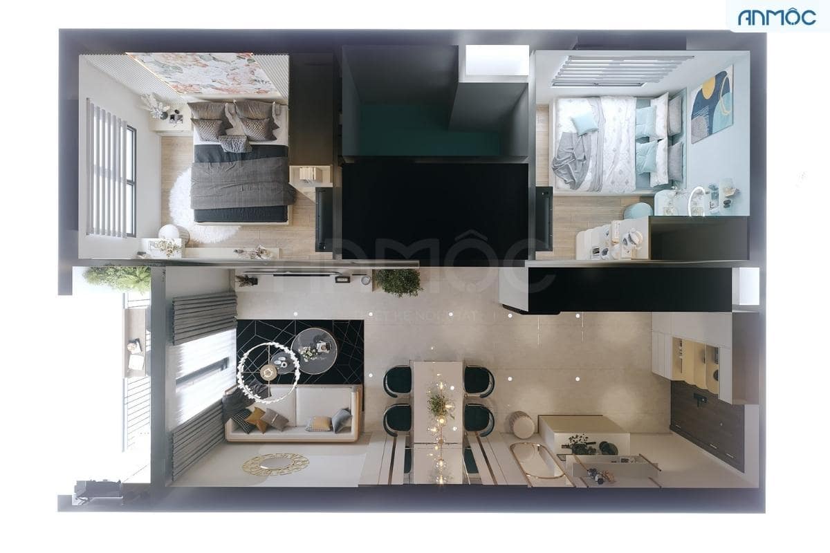 55+ Mẫu Thiết Kế Nội Thất Chung Cư "Đỉnh Nhất" 2026 3005 Bản vẽ phối cảnh căn hộ 55m2 nhìn từ trên xuống.