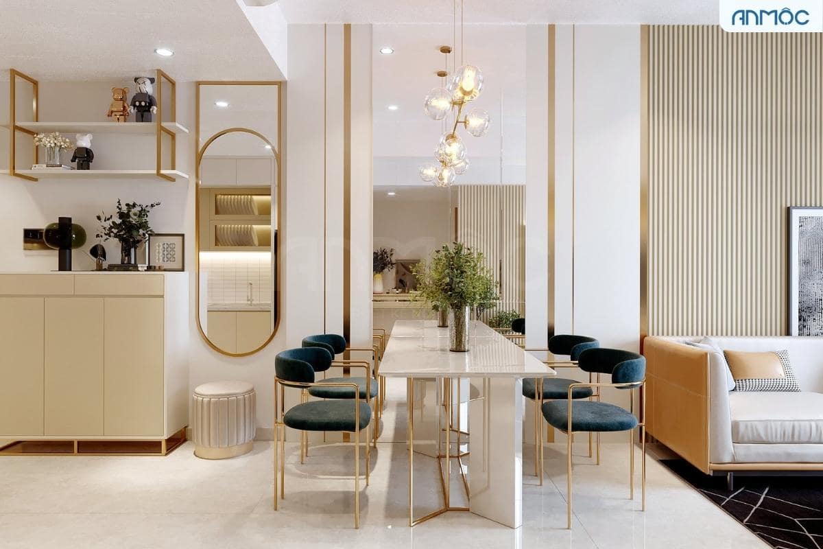 55+ Mẫu Thiết Kế Nội Thất Chung Cư "Đỉnh Nhất" 2026 3008 Bàn ăn vừa để các thành viên trong gia đình thưởng thức những món ăn ngon, vừa có tác dung làm vách ngăn cho khu vực phòng khách.