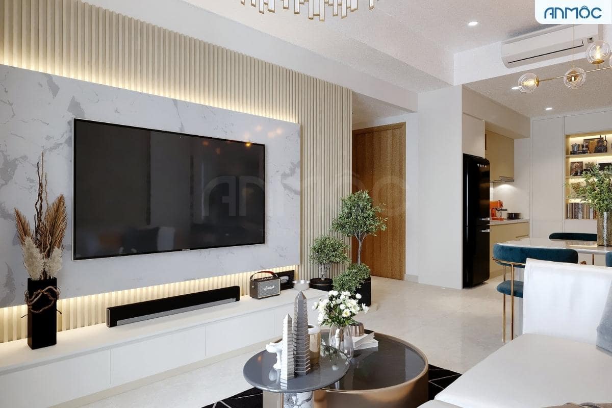 55+ Mẫu Thiết Kế Nội Thất Chung Cư "Đỉnh Nhất" 2026 3009 Vách tivi sẽ trở nên ấn tượng hơn.