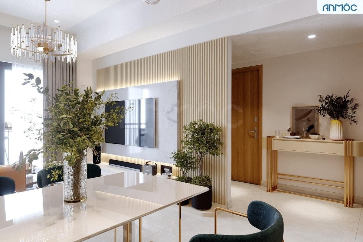 55+ Mẫu Thiết Kế Nội Thất Chung Cư "Đỉnh Nhất" 2026 3010 vách tủ tivi thwo góc nhìn từ khu vực bàn ăn.