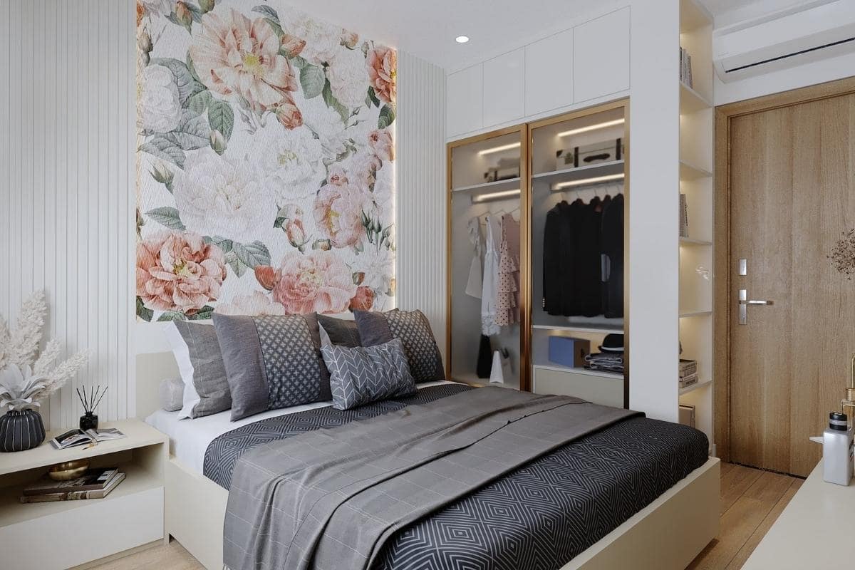 55+ Mẫu Thiết Kế Nội Thất Chung Cư "Đỉnh Nhất" 2026 3013 kế hiện đại tối giản, giường bọc nệm sang trọng và thư giãn; Tủ quần áo cao sát trần