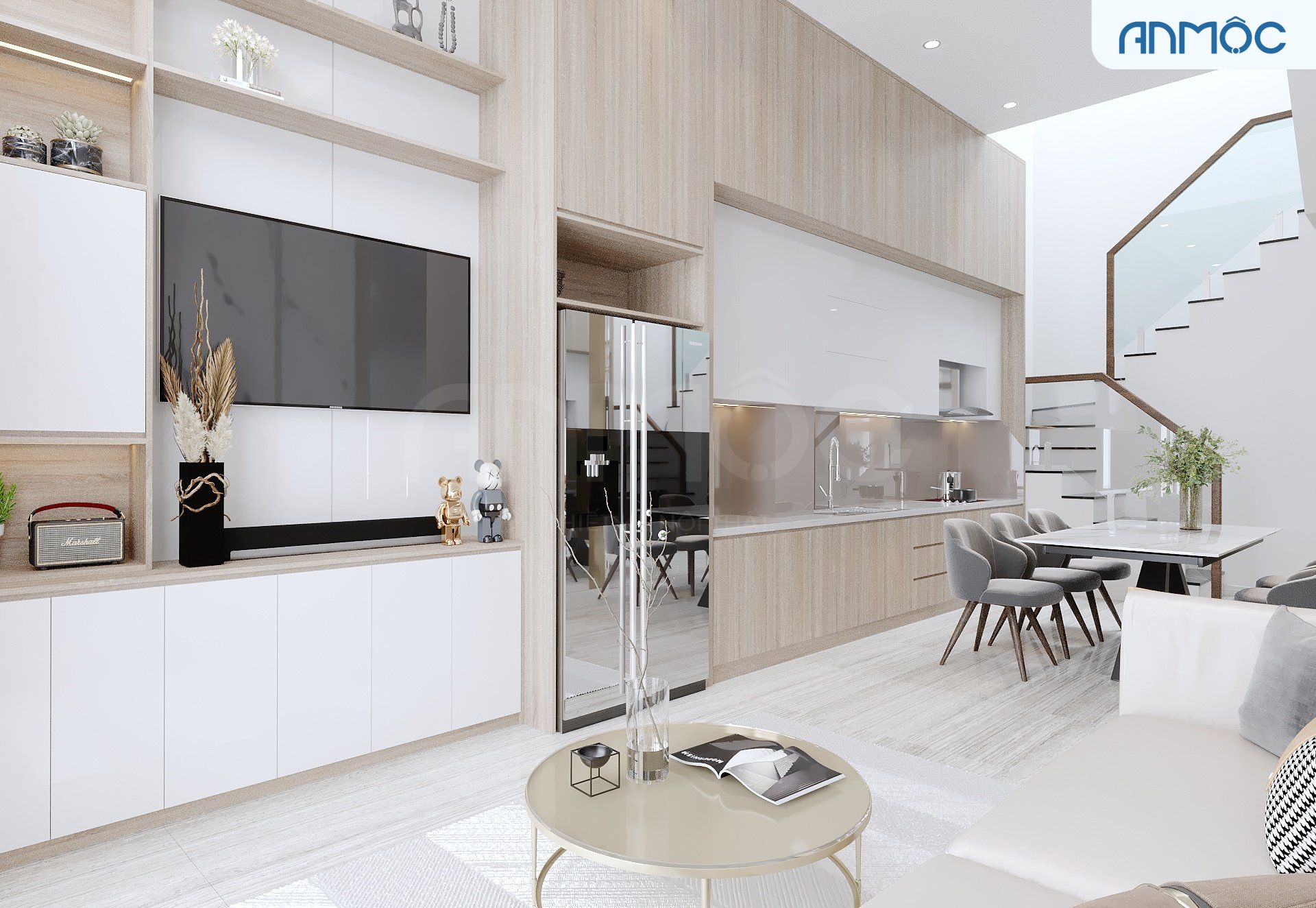 21+ Mẫu Thiết Kế Nội Thất Nhà Phố Đẹp Không Thể Bỏ Qua 2026 2440 Màu sắc nội thất đồng bộ với màu sắc vật dụng tạo nên sự hài hòa trong thiết kế phòng khách_bếp.