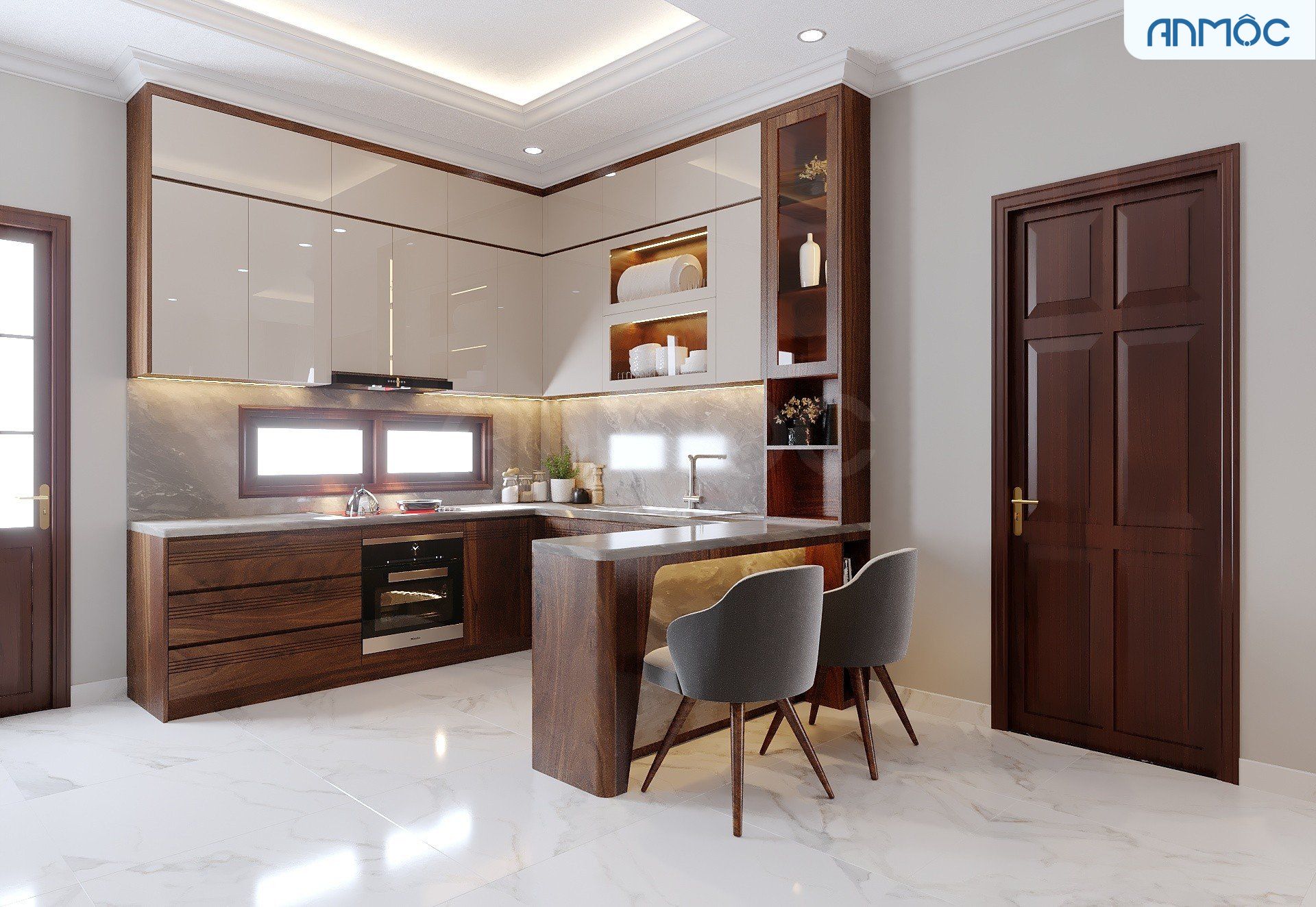 21+ Mẫu Thiết Kế Nội Thất Nhà Phố Đẹp Không Thể Bỏ Qua 2026 2647 Tủ bếp gỗ óc chó