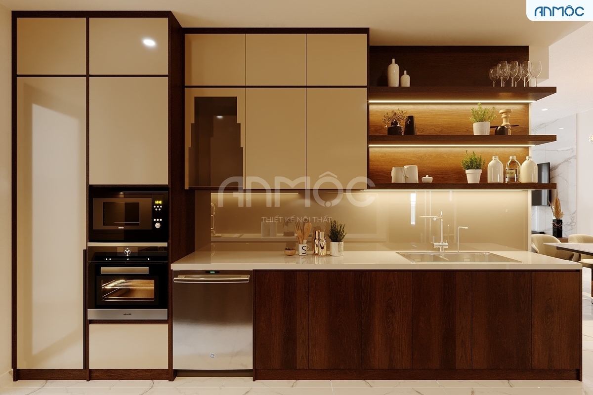 55+ Mẫu Thiết Kế Nội Thất Chung Cư "Đỉnh Nhất" 2026 3566 Còn nếu gian bếp nhỏ hơn bạn có thể lựa chọn những đồ dùng nhỏ như lò vi sóng, lavabo cỡ nhỏ để tối ưu không gian