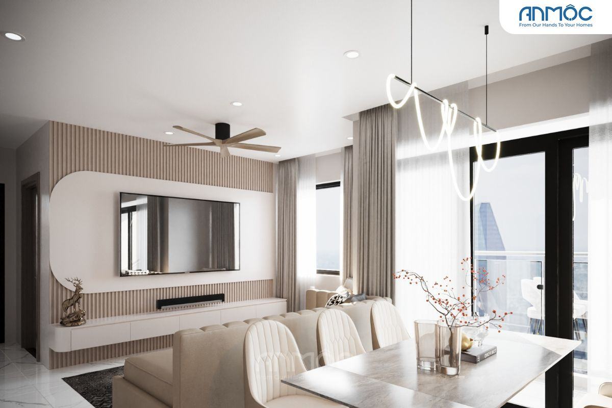 55+ Mẫu Thiết Kế Nội Thất Chung Cư "Đỉnh Nhất" 2026 2867 Khu vực phòng khách và ăn liền kề với sofa be, bàn ăn đá cẩm thạch, tủ TV ốp gỗ và đèn thả trần hình lượn sóng hiện đại