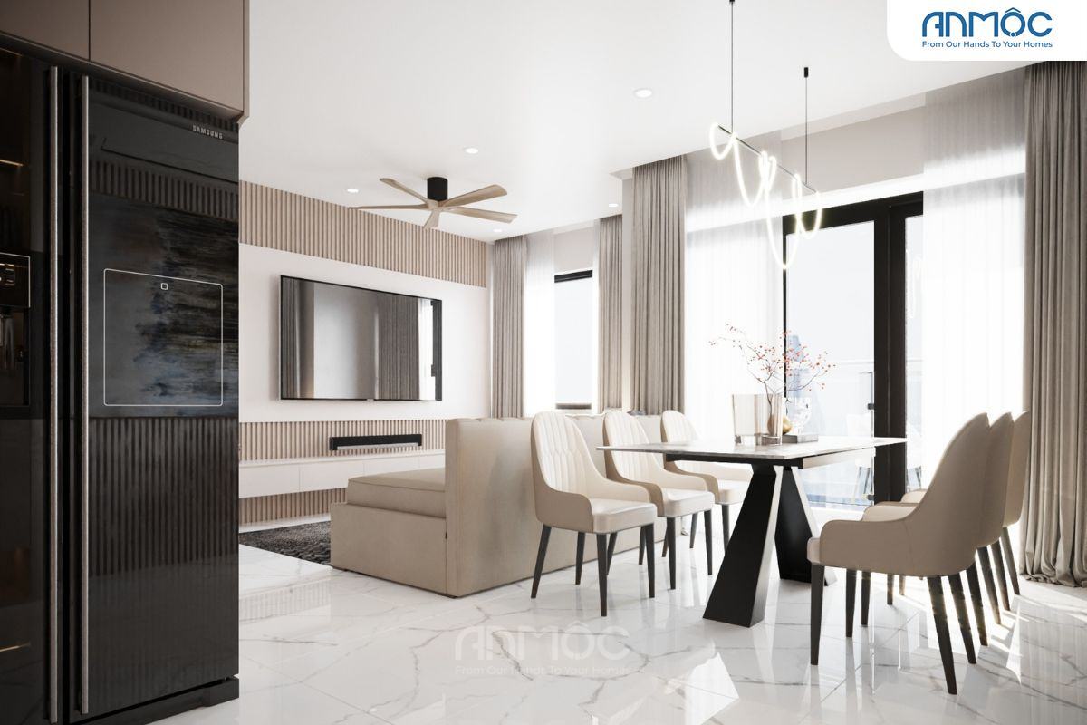 55+ Mẫu Thiết Kế Nội Thất Chung Cư "Đỉnh Nhất" 2026 2869 Tổng quan phòng khách và ăn liền mạch, với tủ lạnh đen nổi bật ở góc, sàn lát gạch vân đá và cửa sổ lớn đón ánh sáng tự nhiên