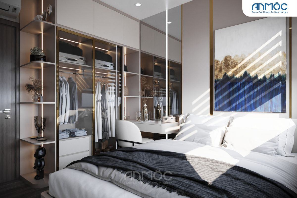 55+ Mẫu Thiết Kế Nội Thất Chung Cư "Đỉnh Nhất" 2026 2871 Góc giường ngủ trắng, tủ quần áo cánh kính và hệ thống kệ tủ quần áo màu trà, kết hợp bàn trang điểm nhỏ và tranh treo tường lớn