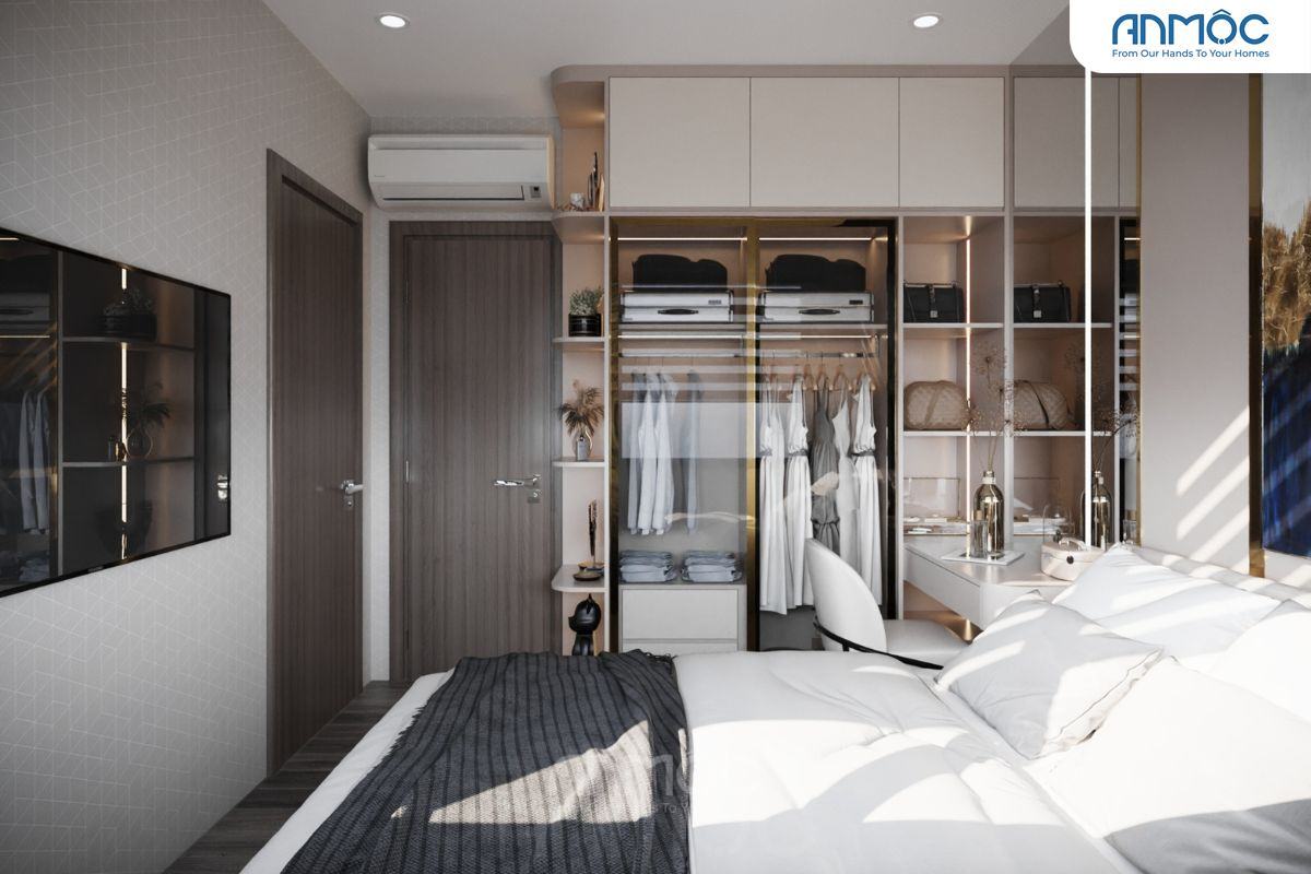 55+ Mẫu Thiết Kế Nội Thất Chung Cư "Đỉnh Nhất" 2026 2872 Khung cảnh tổng thể phòng ngủ nhìn từ phía cửa, tủ quần áo kịch trần
