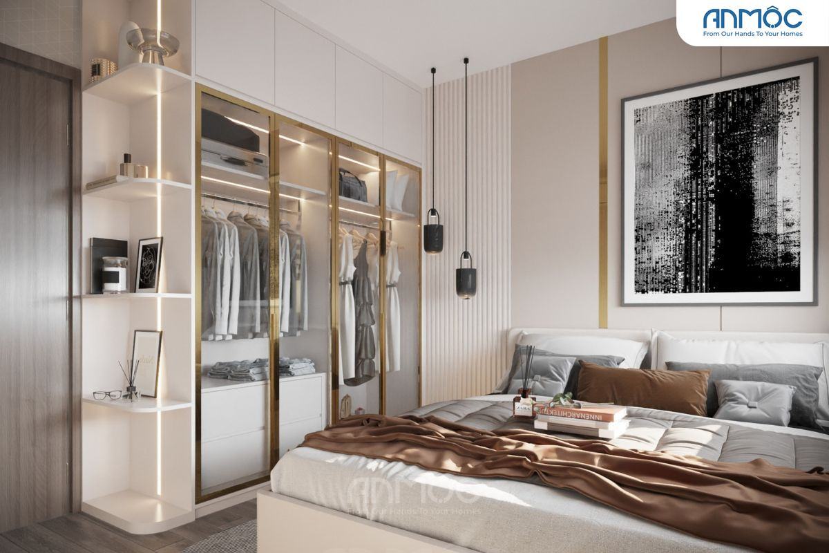 55+ Mẫu Thiết Kế Nội Thất Chung Cư "Đỉnh Nhất" 2026 2874 Toàn cảnh phòng ngủ giường đôi bọc nệm và bức tranh treo tường đầu giường trừu tượng tạo điểm nhấn