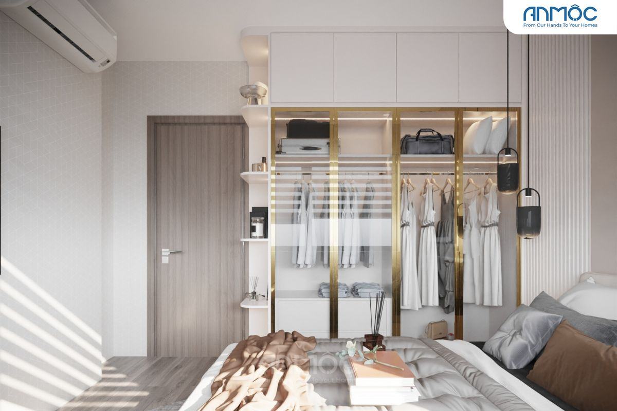 55+ Mẫu Thiết Kế Nội Thất Chung Cư "Đỉnh Nhất" 2026 2875 Tủ quần áo cánh kính viền vàng đồng tích hợp kệ trang trí