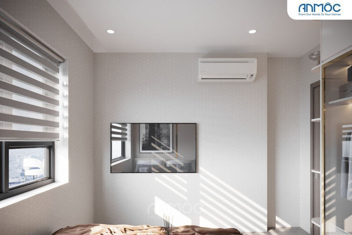 55+ Mẫu Thiết Kế Nội Thất Chung Cư "Đỉnh Nhất" 2026 2876 Tường đối diện giường ngủ với tivi treo tường, máy lạnh và rèm cửa cầu vòng, mang lại không gian giải trí và sự thoải mái.