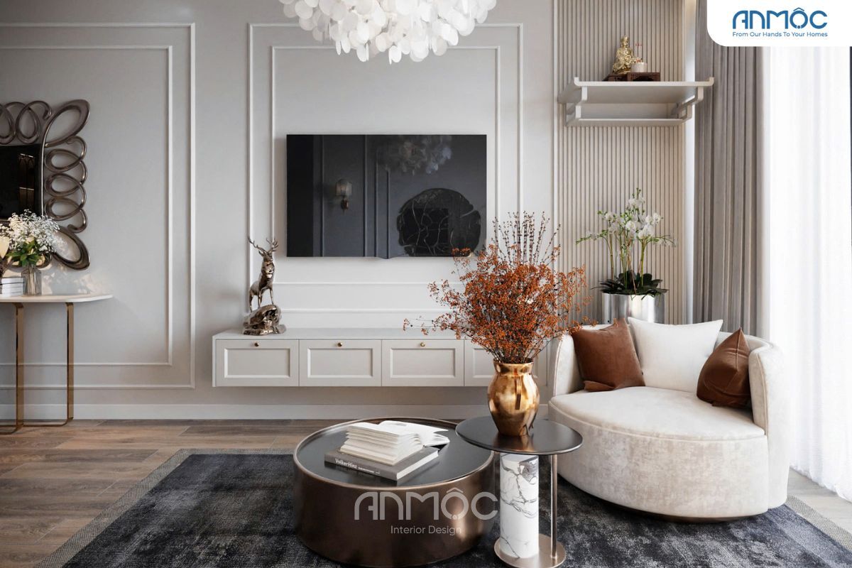 55+ Mẫu Thiết Kế Nội Thất Chung Cư "Đỉnh Nhất" 2026 3439 Kệ tivi treo tường, sofa chữ L mềm mại và điểm nhấn là bình hoa nghệ thuật.