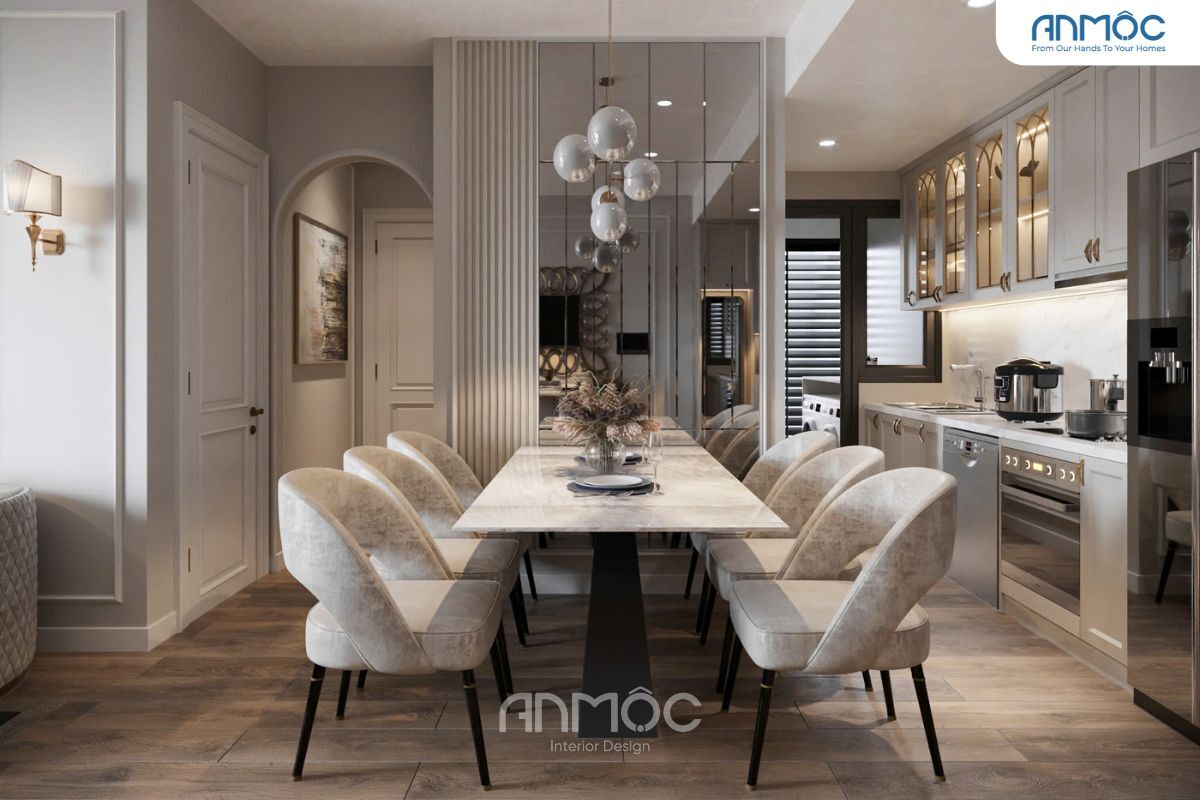 55+ Mẫu Thiết Kế Nội Thất Chung Cư "Đỉnh Nhất" 2026 3442 Phòng ăn sang trọng với bàn đá và đèn thả tròn tạo điểm nhấn thẩm mỹ hiện đại.