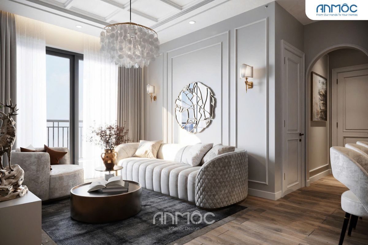 55+ Mẫu Thiết Kế Nội Thất Chung Cư "Đỉnh Nhất" 2026 3440 Không gian tiếp khách thanh lịch với sofa bo cong và gương nghệ thuật tạo điểm nhấn.