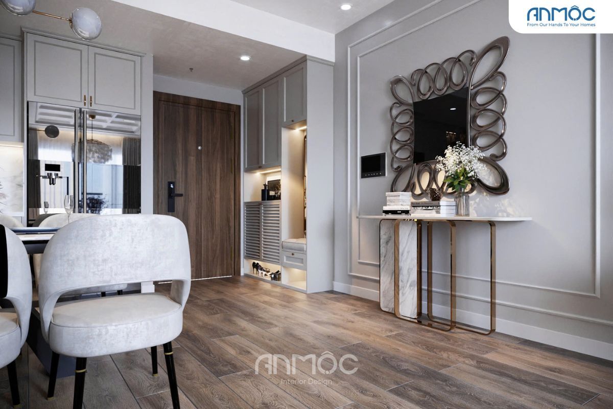55+ Mẫu Thiết Kế Nội Thất Chung Cư "Đỉnh Nhất" 2026 3443 Không gian sảnh vào tinh tế với điểm nhấn gương nghệ thuật và bàn console đá sang trọng.