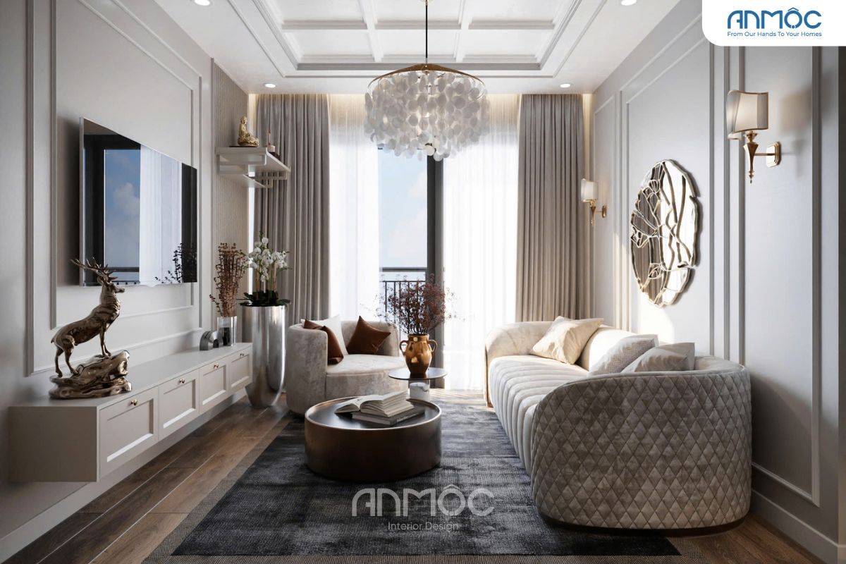 55+ Mẫu Thiết Kế Nội Thất Chung Cư "Đỉnh Nhất" 2026 3441 Phòng khách sang trọng với tông màu trung tính và đèn trần vỏ sò ấn tượng.