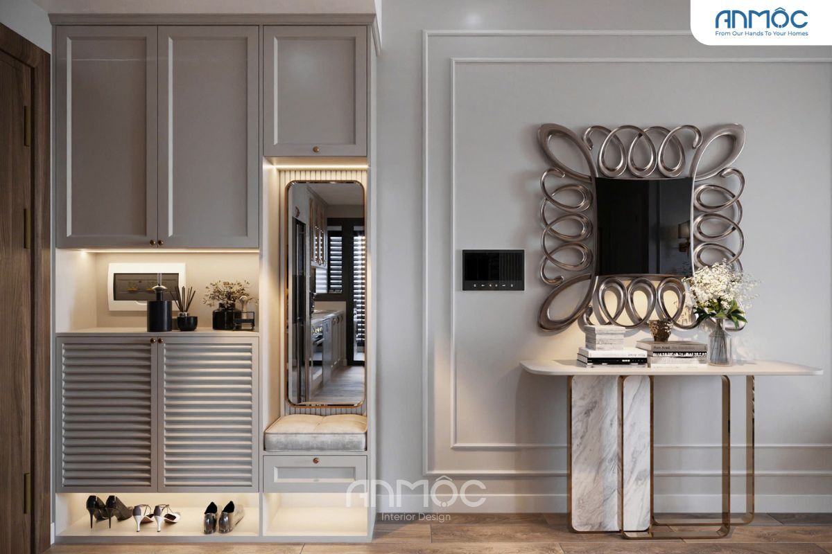 55+ Mẫu Thiết Kế Nội Thất Chung Cư "Đỉnh Nhất" 2026 3445 Tủ giày kết hợp ghế ngồi tiện lợi, bố trí gọn gàng cho khu vực lối vào căn hộ.