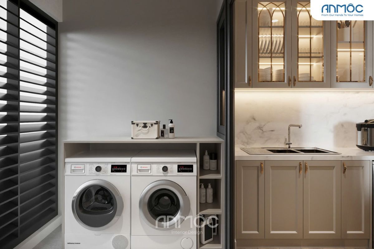 55+ Mẫu Thiết Kế Nội Thất Chung Cư "Đỉnh Nhất" 2026 3446 Tiếp nối phòng bếp là vị trí ban công được bố trí thành khu vực giặt phơi tinh gọn