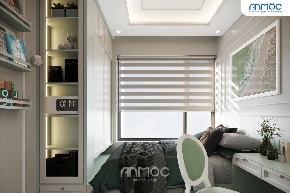 55+ Mẫu Thiết Kế Nội Thất Chung Cư "Đỉnh Nhất" 2026 3450 Giường đơn, tủ quần áo kịch trần tích hợp kệ trang trí nhiều ngăn