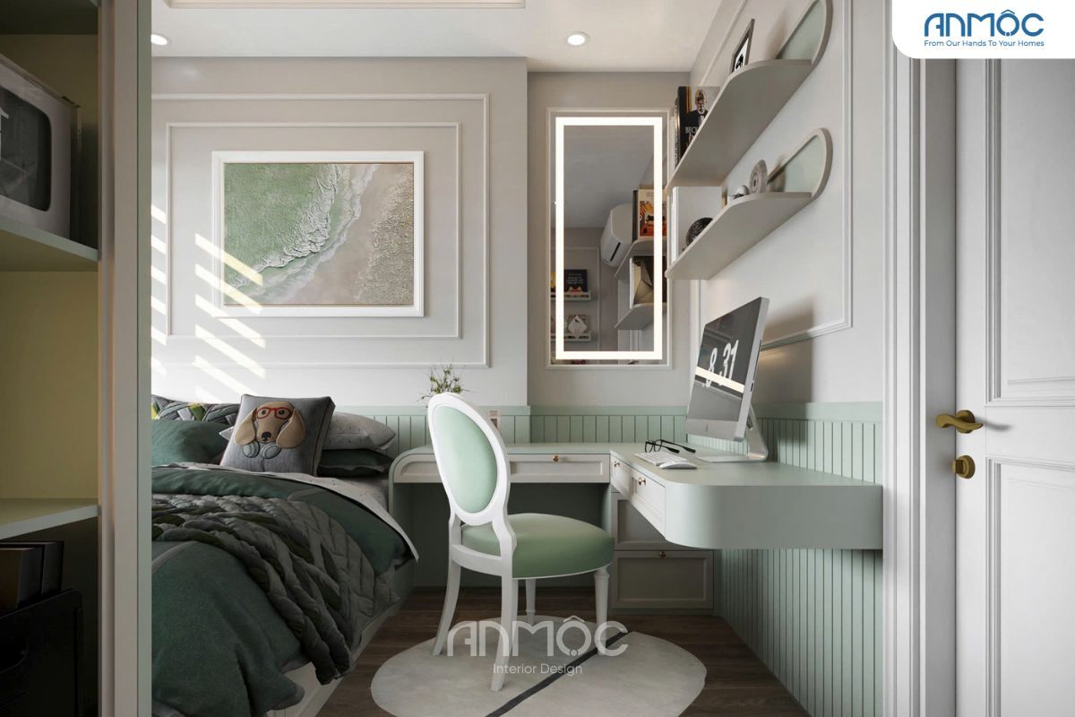 55+ Mẫu Thiết Kế Nội Thất Chung Cư "Đỉnh Nhất" 2026 3451 Bàn học chữ L được bo tròn 2 cạnh, bên trên là kệ sách treo tường