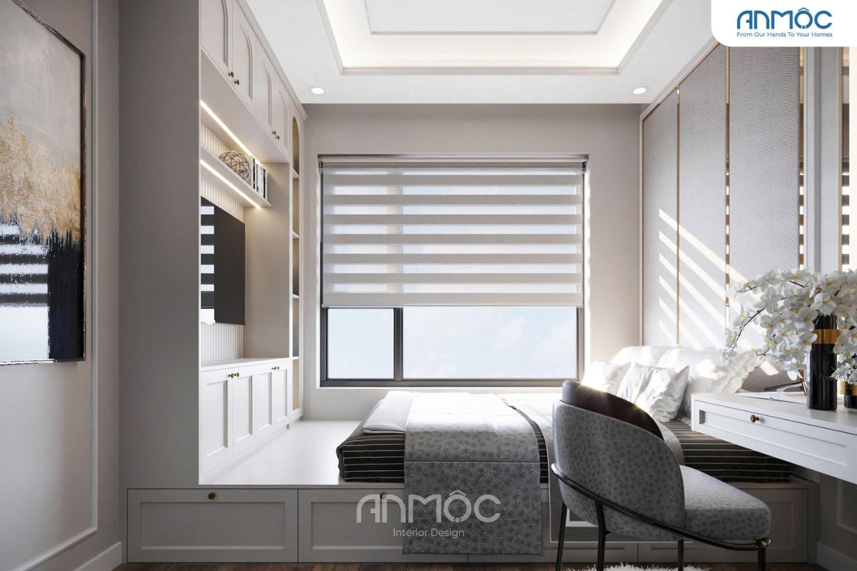 55+ Mẫu Thiết Kế Nội Thất Chung Cư "Đỉnh Nhất" 2026 3454 Giường ngủ dạng bục có ngăn kéo được đặt bên cạnh cửa số lớn với rèm cầu vòng giúp tận dụng tối đa ánh sáng tự nhiên