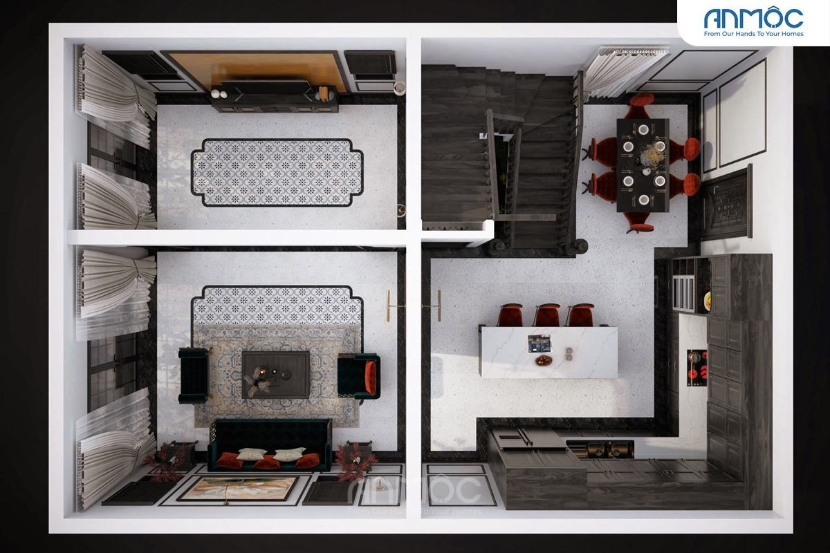 21+ Mẫu Thiết Kế Nội Thất Nhà Phố Đẹp Không Thể Bỏ Qua 2026 2047 Hình ảnh thiết kế nội thất nhà phố Đồng Tháp 105m2 góc nhìn từ trên xuống