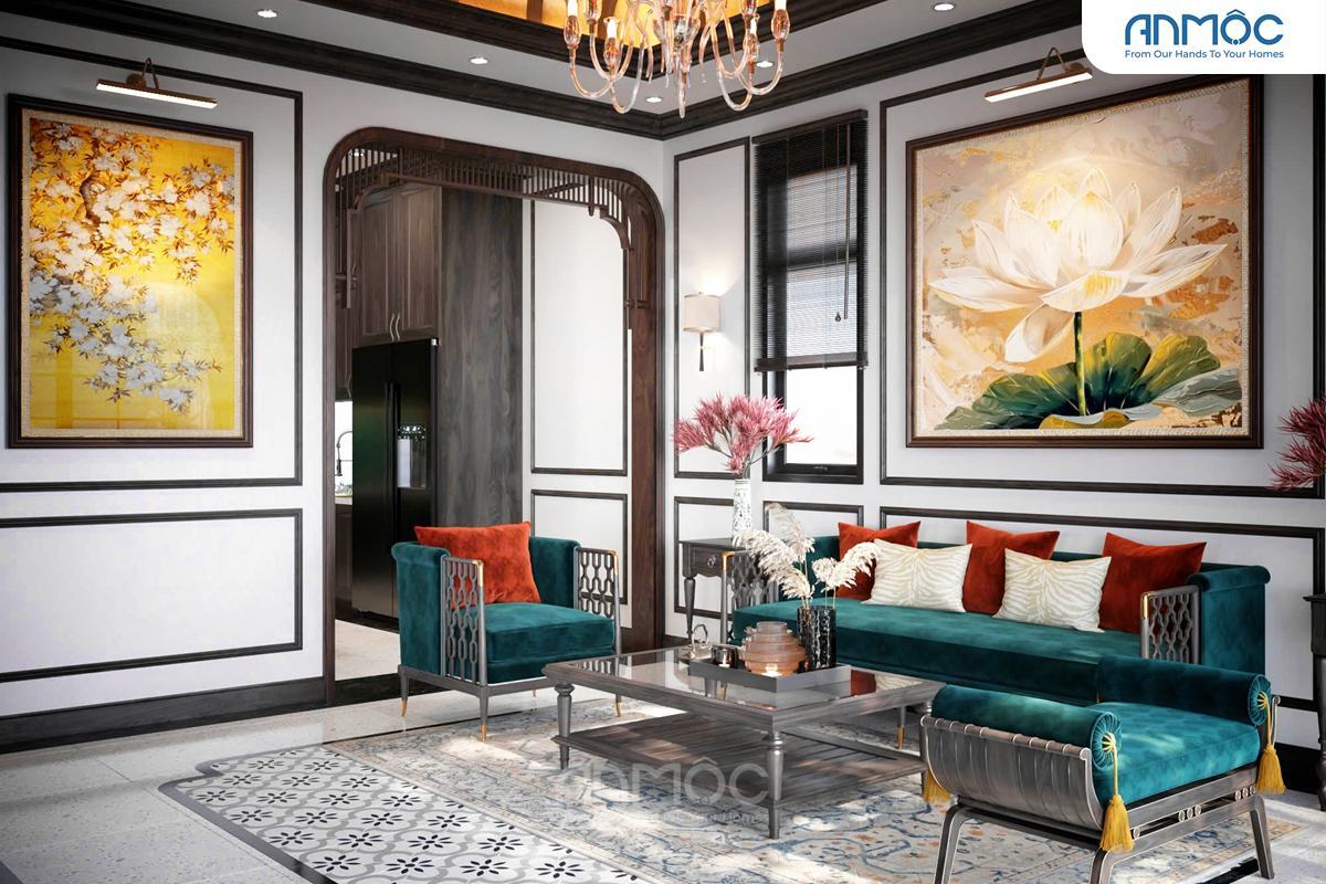 21+ Mẫu Thiết Kế Nội Thất Nhà Phố Đẹp Không Thể Bỏ Qua 2026 2049 Cận cảnh sofa cùng 2 ghế tựa, bàn trà và hai bức tranh treo tường lớn