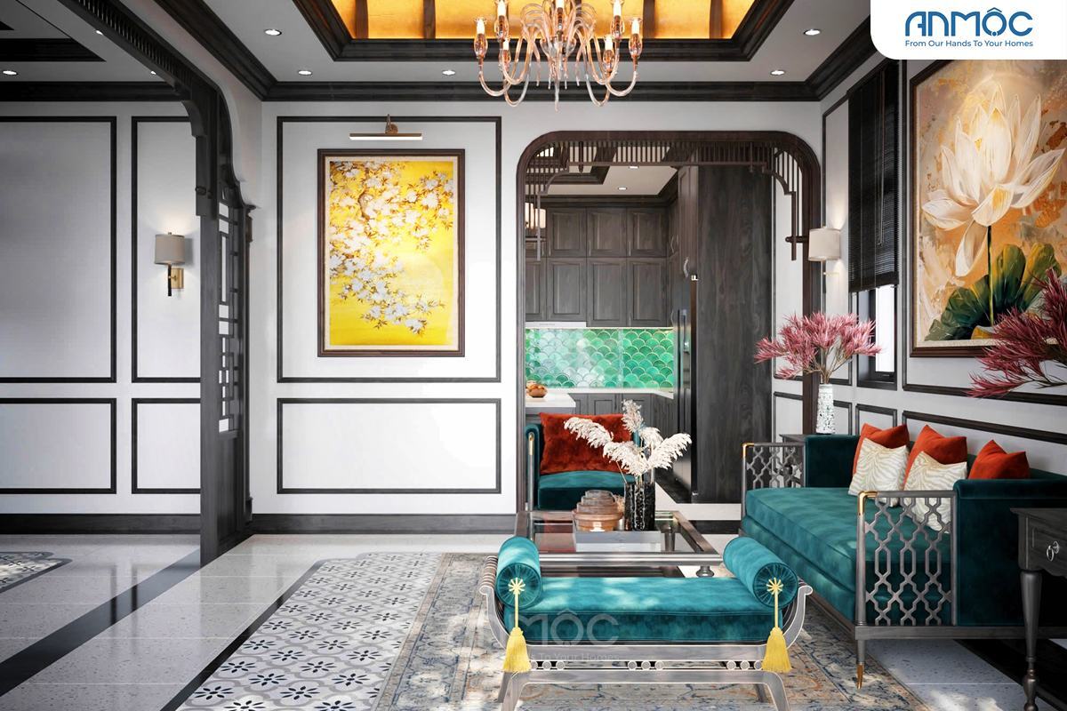 21+ Mẫu Thiết Kế Nội Thất Nhà Phố Đẹp Không Thể Bỏ Qua 2026 2050 Tổng quan phòng khách nhìn từ sảnh vào, với cửa vòm gỗ tối màu và tường trắng viền đen, tạo cảm giác sang trọng.