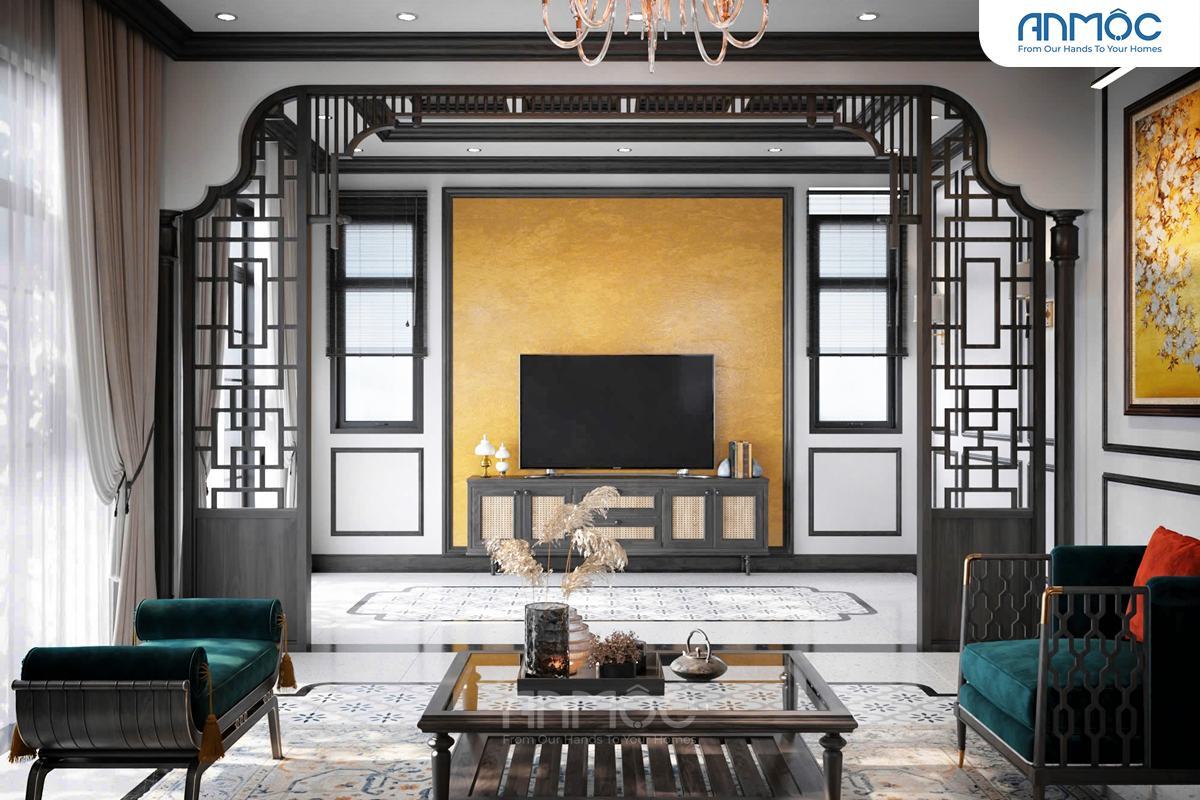 21+ Mẫu Thiết Kế Nội Thất Nhà Phố Đẹp Không Thể Bỏ Qua 2026 2051 Khu vực giải trí với TV trên kệ gỗ mây, tường vàng nổi bật và vách ngăn họa tiết đối xứng, tạo điểm nhấn nghệ thuật.