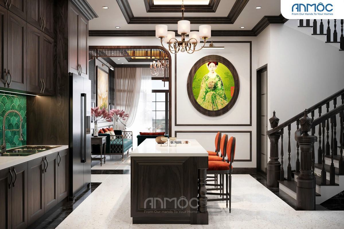 21+ Mẫu Thiết Kế Nội Thất Nhà Phố Đẹp Không Thể Bỏ Qua 2026 2055 Góc nhìn liên thông từ bếp với đảo bếp tiện nghi, ghế bar đỏ, hướng ra khu vực phòng khách và bức tranh oval treo tường lớn