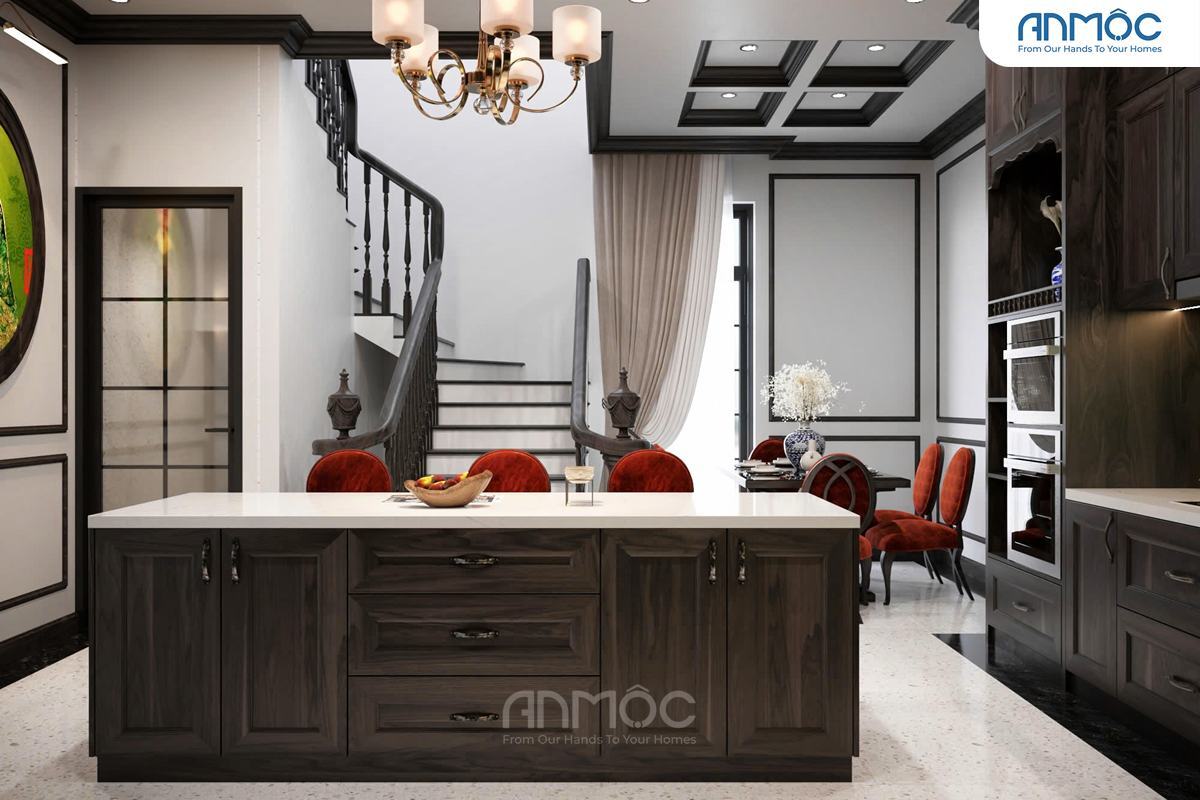 21+ Mẫu Thiết Kế Nội Thất Nhà Phố Đẹp Không Thể Bỏ Qua 2026 2056 Góc nhìn từ khu vực đảo bếp hướng ra cầu thang và khu vực phòng ăn