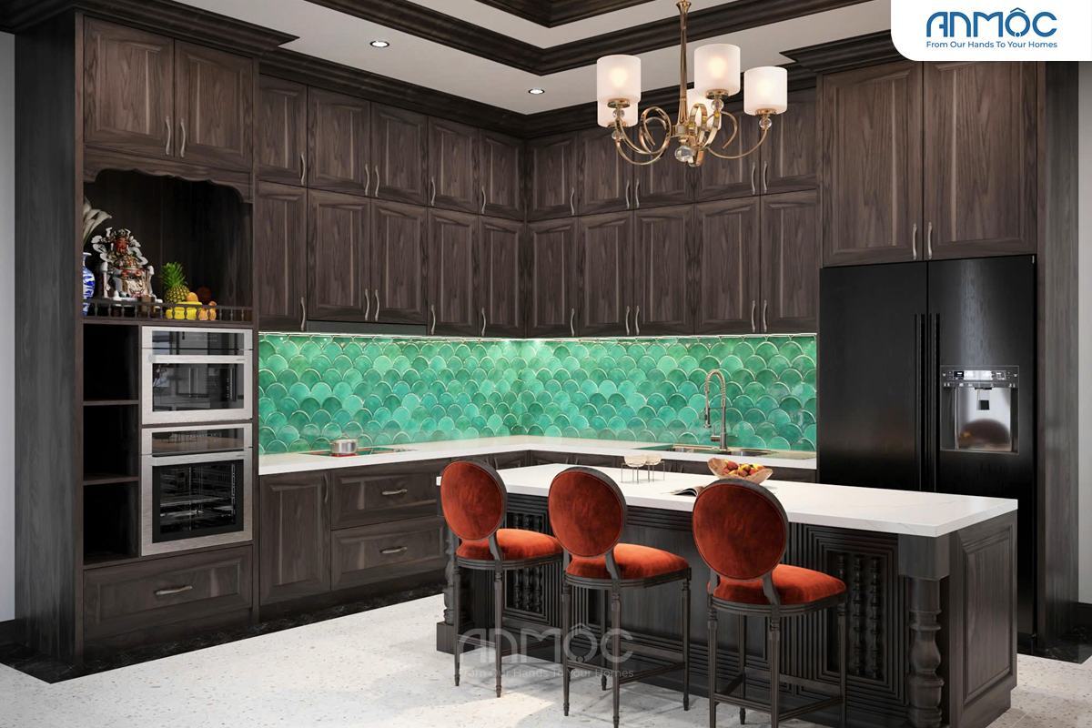 21+ Mẫu Thiết Kế Nội Thất Nhà Phố Đẹp Không Thể Bỏ Qua 2026 2057 Cận cảnh hệ tủ bếp chữ L màu gỗ sẫm với đảo bếp thể hiện sự tiện nghi