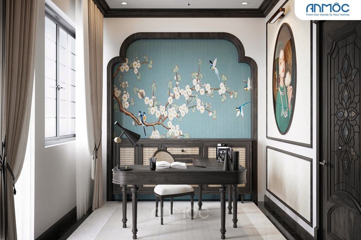 21+ Mẫu Thiết Kế Nội Thất Nhà Phố Đẹp Không Thể Bỏ Qua 2026 2061 Phòng làm việc với bàn gỗ cong, tủ mây tre đan và điểm nhấn là bức tranh tường lớn