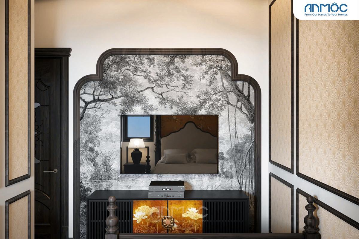 21+ Mẫu Thiết Kế Nội Thất Nhà Phố Đẹp Không Thể Bỏ Qua 2026 2065 Đối diện với giường ngủ là TV treo tường cùng kệ thấp trang trí hoa sen nổi bật