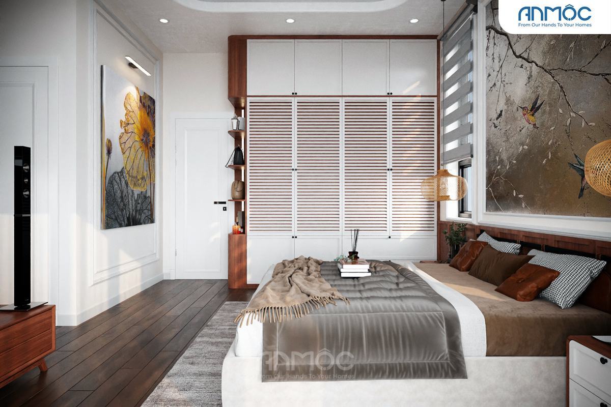 21+ Mẫu Thiết Kế Nội Thất Nhà Phố Đẹp Không Thể Bỏ Qua 2026 2070 Toàn cảnh phòng ngủ master, nổi bật với tủ quần áo cánh lật và cánh nan, bên cạnh bức tranh lá sen vàng lớn, tạo không gian sang trọng và tiện nghi.