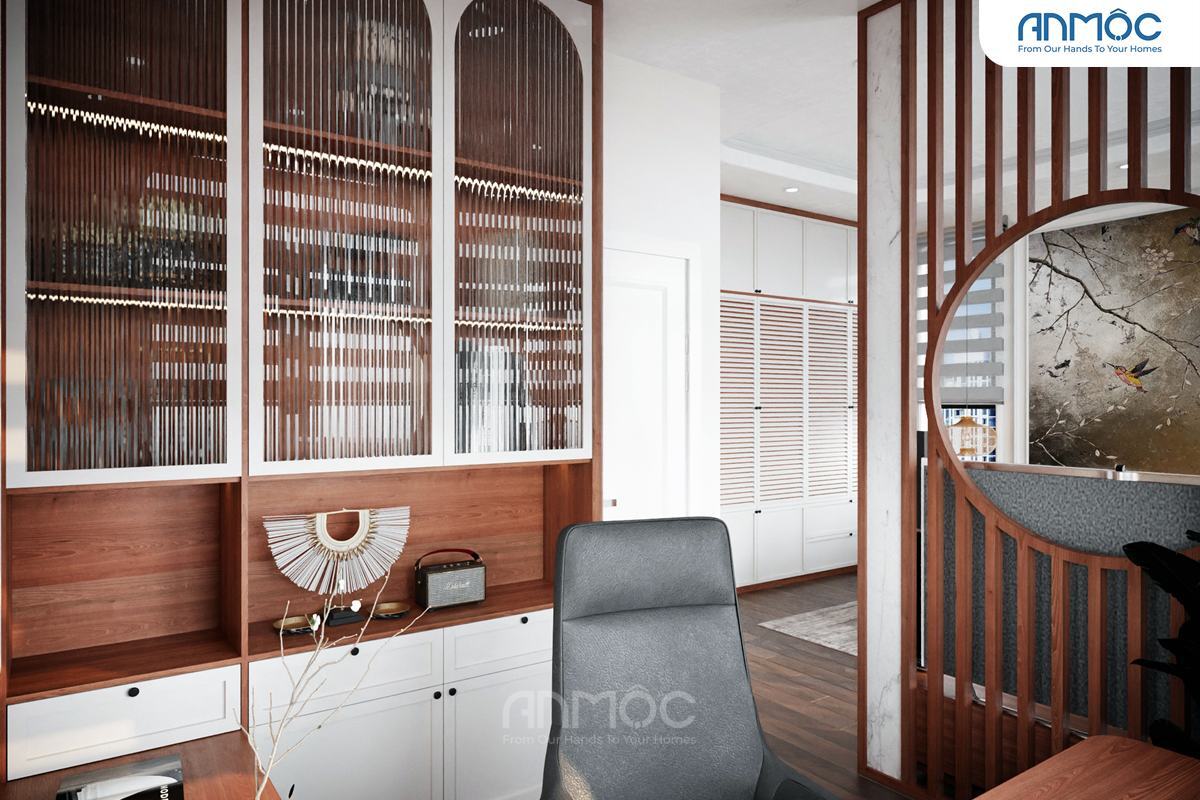 21+ Mẫu Thiết Kế Nội Thất Nhà Phố Đẹp Không Thể Bỏ Qua 2026 2073 Tủ trưng bày vân gỗ kết hợp trắng, với cửa kính độc đáo, liền kề khu vực làm việc và vách ngăn tròn.