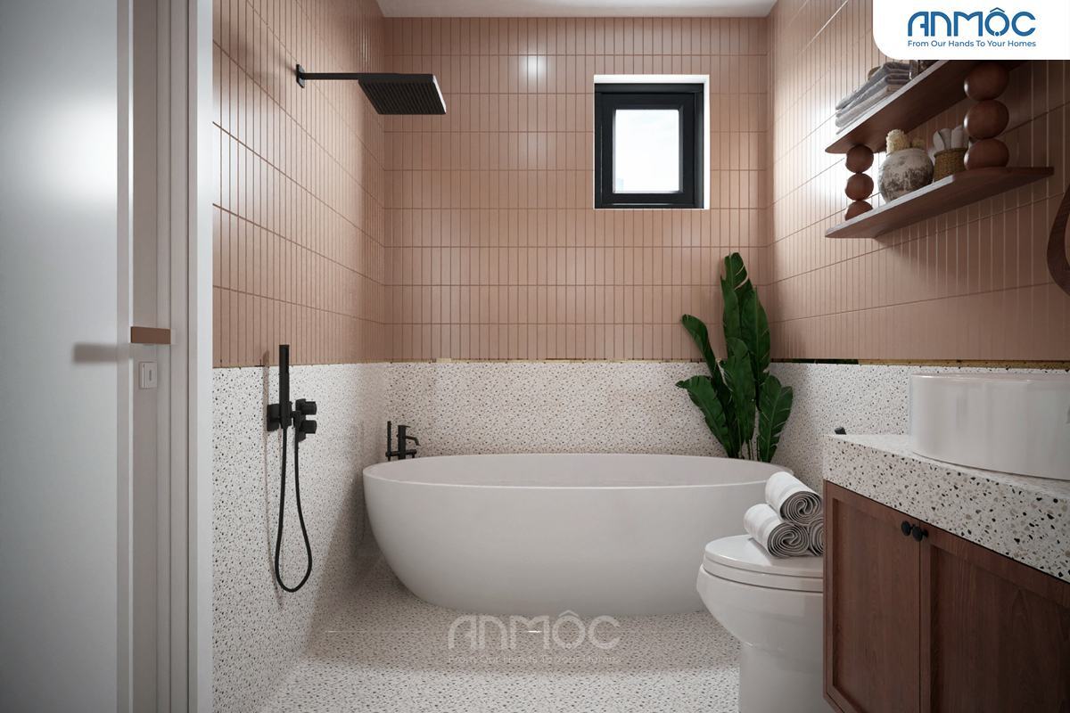 21+ Mẫu Thiết Kế Nội Thất Nhà Phố Đẹp Không Thể Bỏ Qua 2026 2075 Góc nhìn rộng phòng tắm master, thể hiện khu vực bồn tắm, vòi sen đen mờ và toilet, với ánh sáng tự nhiên từ cửa sổ nhỏ.