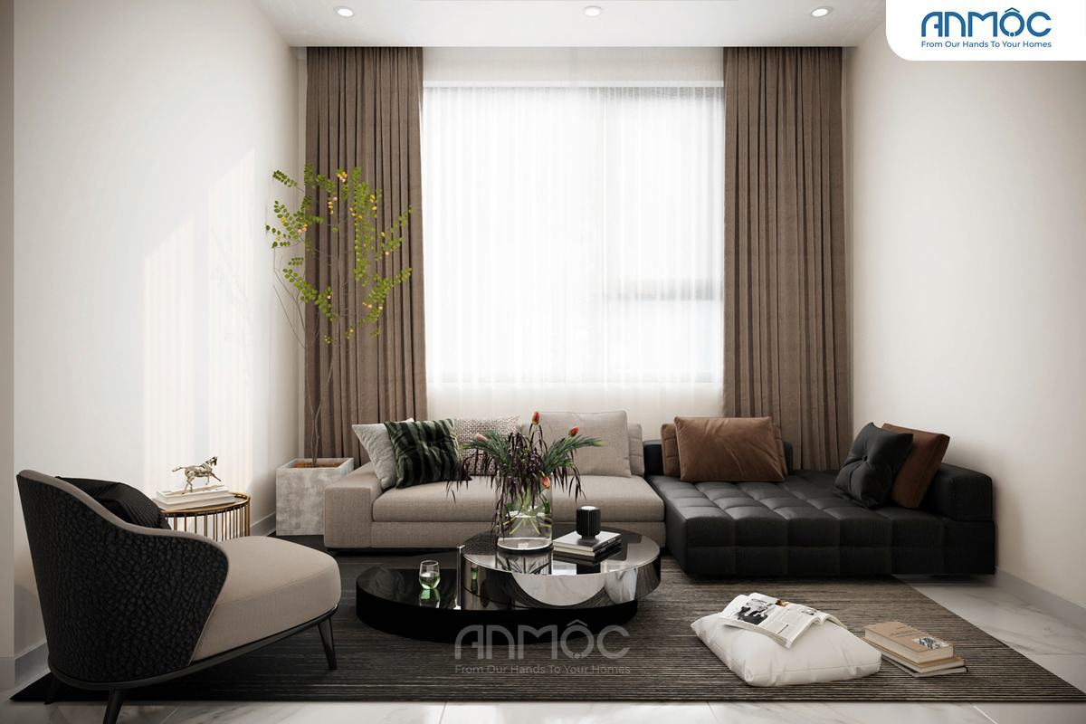 21+ Mẫu Thiết Kế Nội Thất Nhà Phố Đẹp Không Thể Bỏ Qua 2026 2076 Phòng sinh hoạt chung phong cách Indochine với bộ sofa màu be và đen, bàn trà tròn bóng loáng, và rèm cửa màu nâu đất