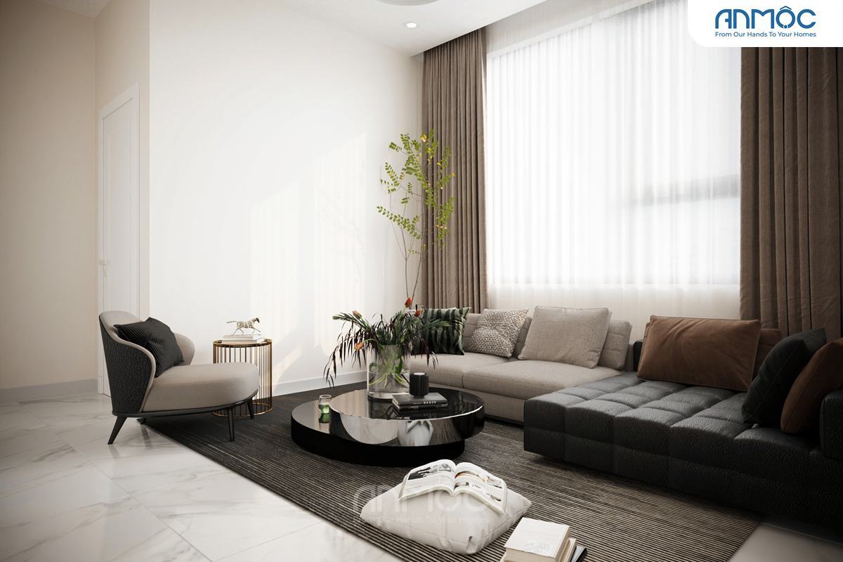 21+ Mẫu Thiết Kế Nội Thất Nhà Phố Đẹp Không Thể Bỏ Qua 2026 2077 Góc nhìn rộng hơn của phòng sinh hoạt chung, thảm trải sàn màu tối và ánh sáng tự nhiên từ cửa sổ lớn.