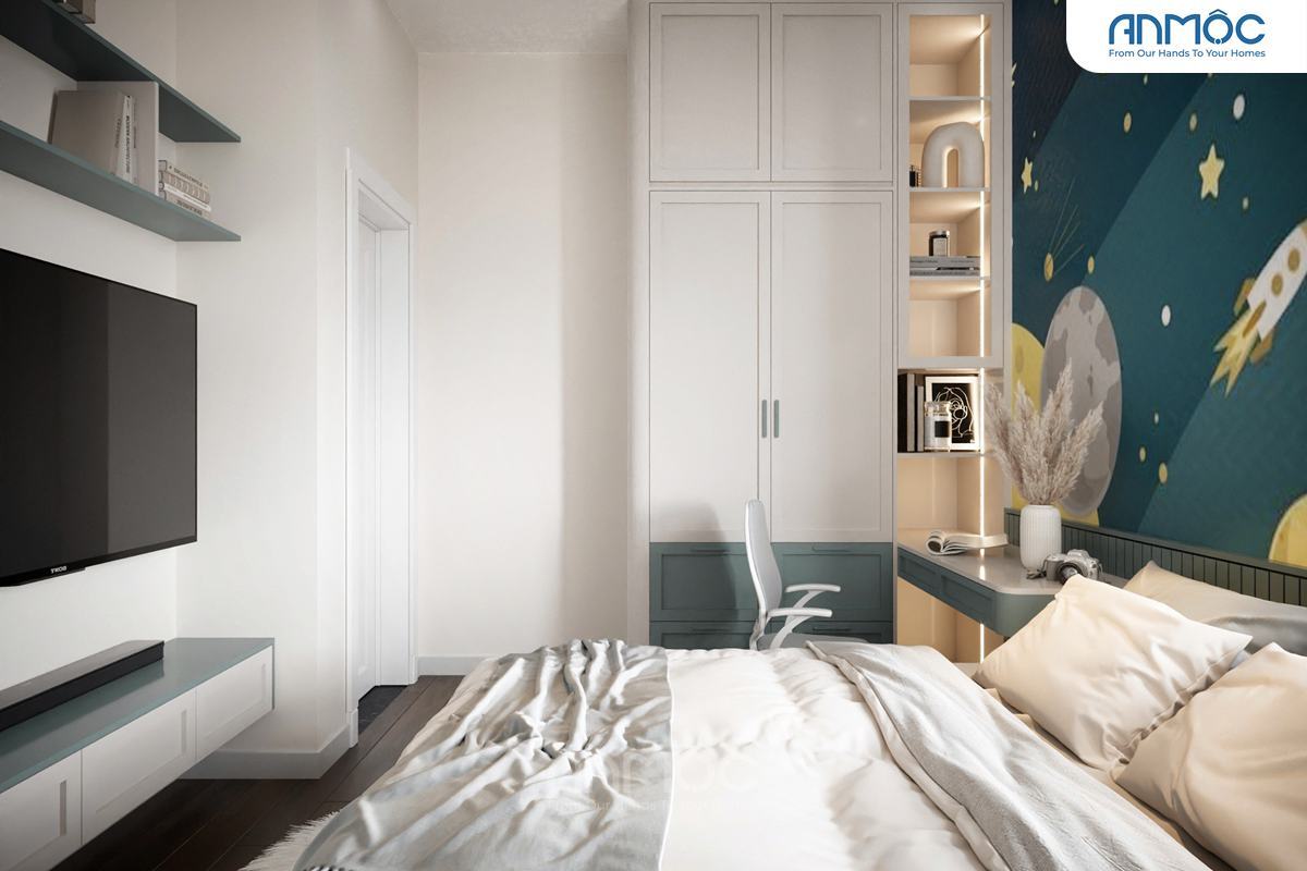 21+ Mẫu Thiết Kế Nội Thất Nhà Phố Đẹp Không Thể Bỏ Qua 2026 2079 Khu vực học tập gồm bàn học đặt cạnh bên tủ quần áo màu trắng tích hợp đèn LED