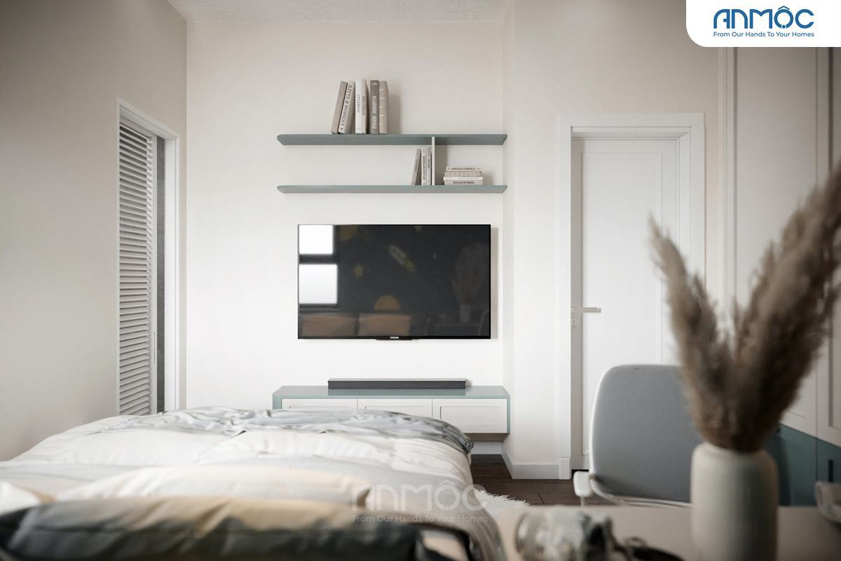 21+ Mẫu Thiết Kế Nội Thất Nhà Phố Đẹp Không Thể Bỏ Qua 2026 2080 Đối diện giường ngủ là kệ tivi treo tường và kệ trang trí