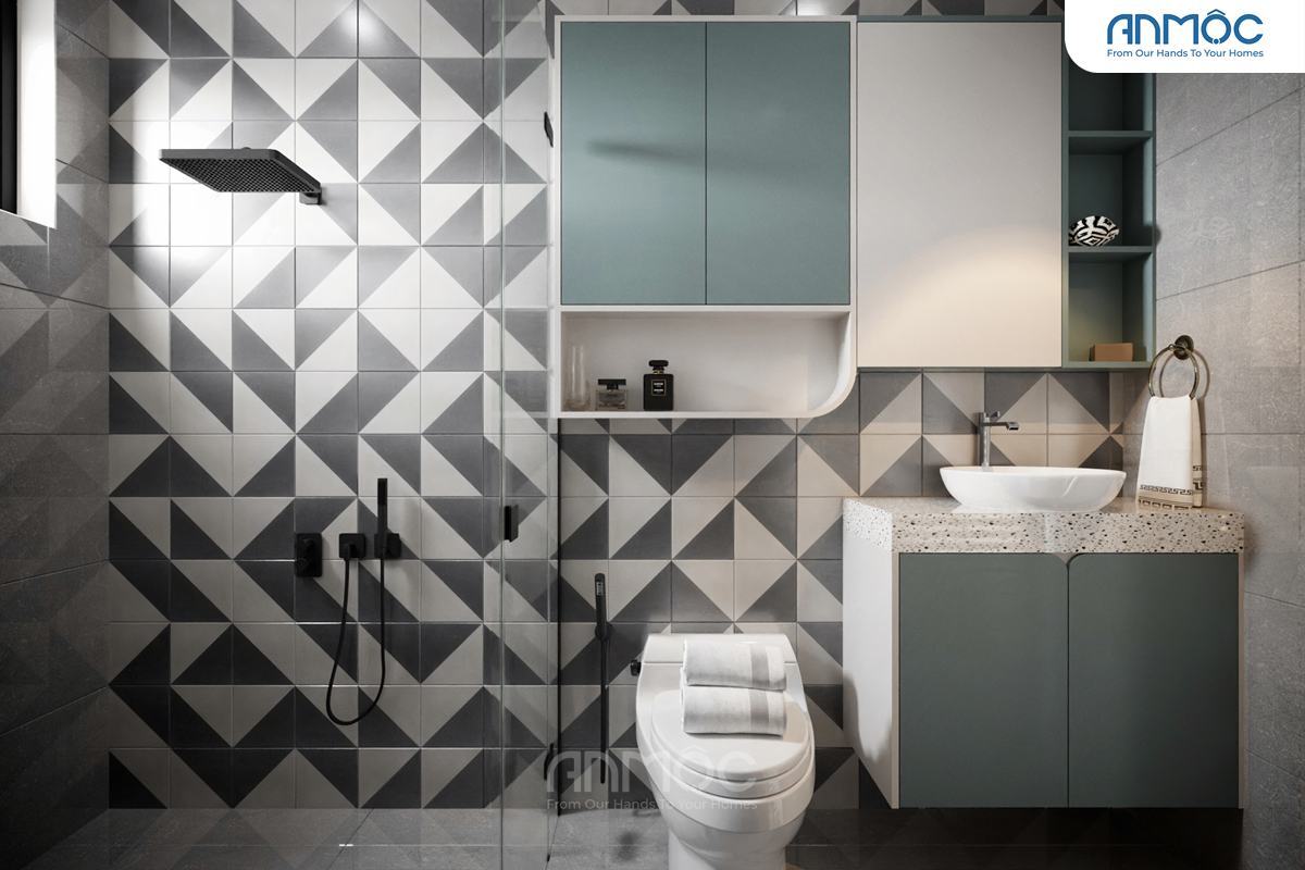 21+ Mẫu Thiết Kế Nội Thất Nhà Phố Đẹp Không Thể Bỏ Qua 2026 2081 Phòng tắm trong phòng ngủ bé trai, có tường ốp gạch họa tiết hình học đen trắng, tủ lavabo xanh xám