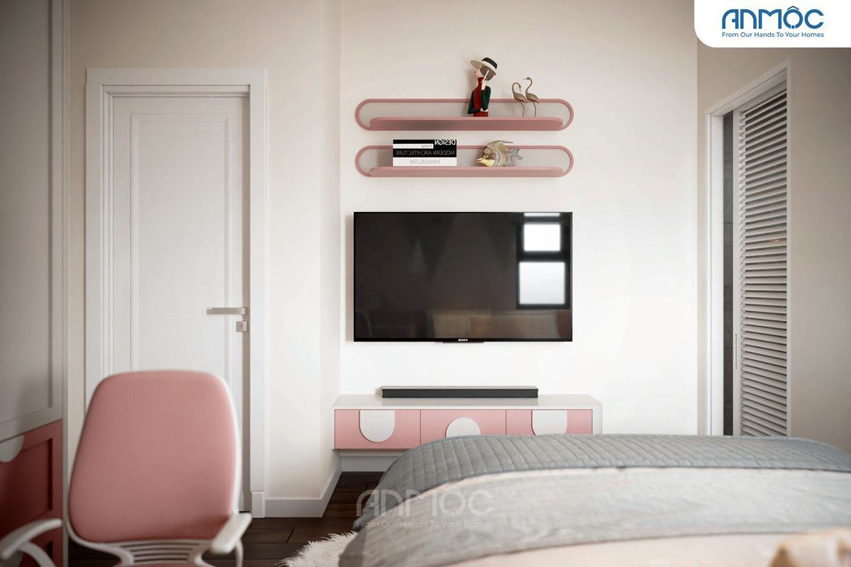 21+ Mẫu Thiết Kế Nội Thất Nhà Phố Đẹp Không Thể Bỏ Qua 2026 2083 Kệ TV treo tường màu hồng phấn cùng kệ trang trí