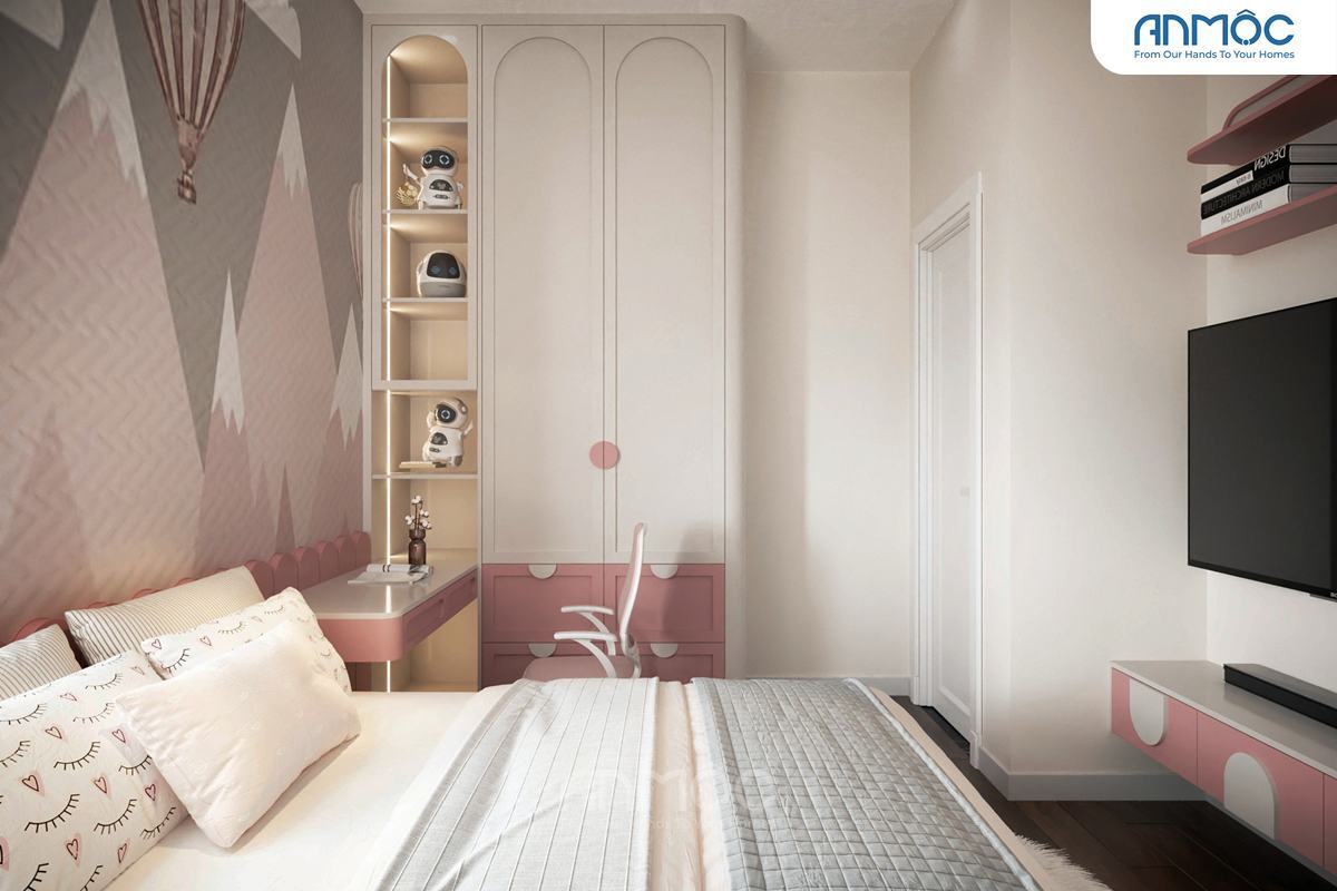 21+ Mẫu Thiết Kế Nội Thất Nhà Phố Đẹp Không Thể Bỏ Qua 2026 2084 Toàn cảnh phòng ngủ bé gái với bàn học màu hồng và tủ quần áo trắng
