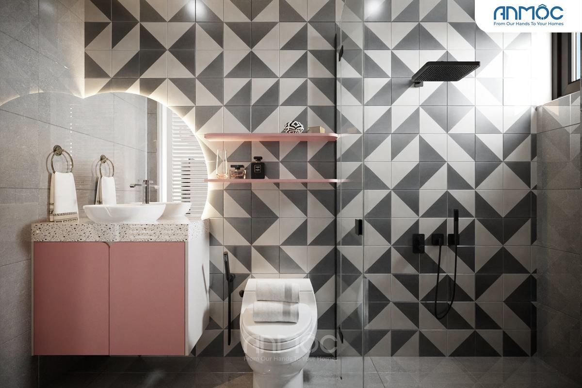 21+ Mẫu Thiết Kế Nội Thất Nhà Phố Đẹp Không Thể Bỏ Qua 2026 2085 Tương tự phòng tắm bé trai, phòng tắm bé gái cũng sử dụng tường ốp gạch họa tiết hình học đen trắng, tủ lavabo hồng phấn