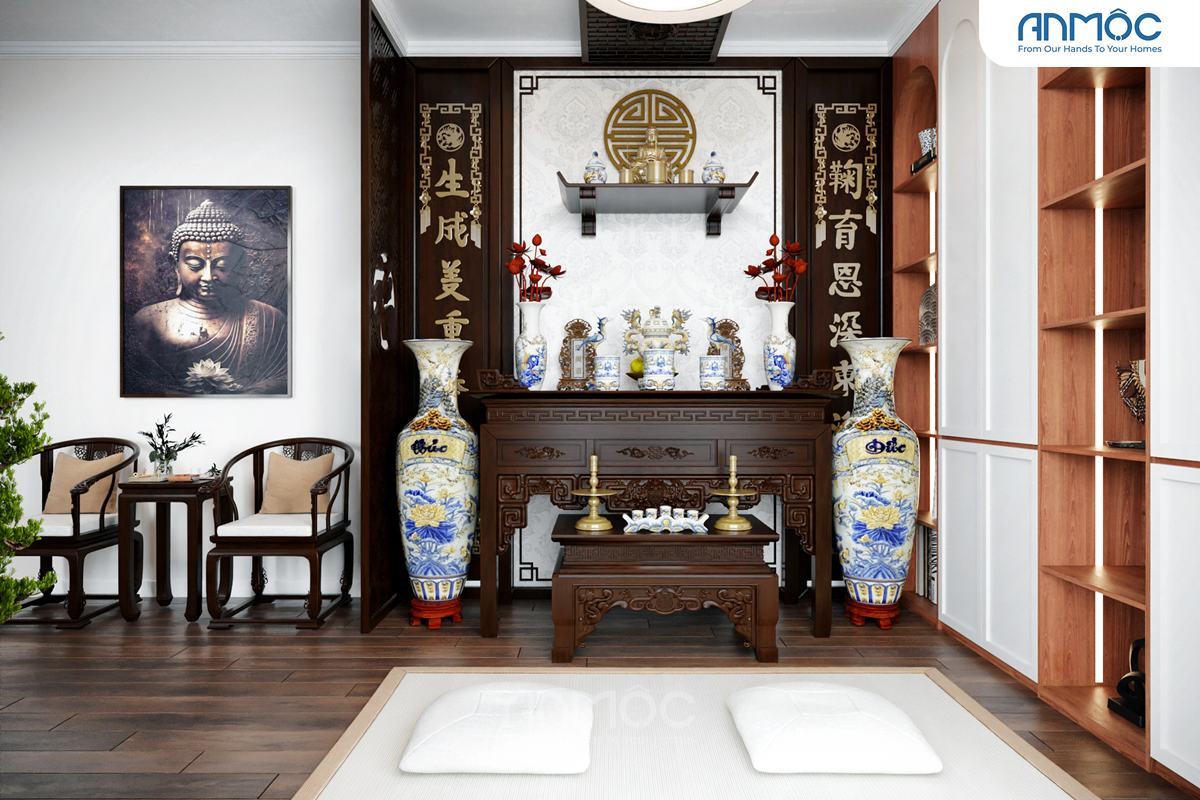 21+ Mẫu Thiết Kế Nội Thất Nhà Phố Đẹp Không Thể Bỏ Qua 2026 2086 Phòng thờ trang nghiêm với bàn thờ gỗ chạm khắc tinh xảo, hai bình gốm sứ lớn, và bức tranh Phật tổ