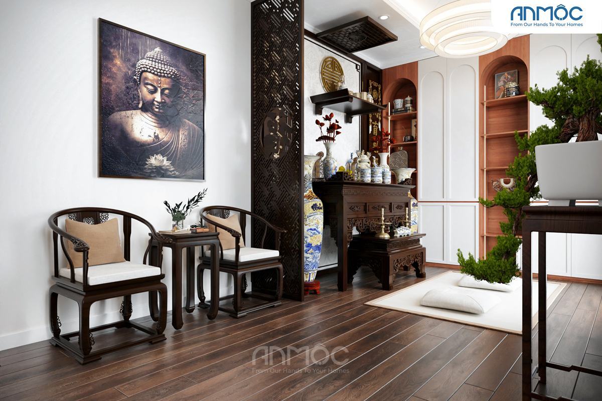 21+ Mẫu Thiết Kế Nội Thất Nhà Phố Đẹp Không Thể Bỏ Qua 2026 2087 Cận cảnh khu vực ngồi thiền với hai ghế gỗ cổ điển, bàn trà nhỏ và bức tranh Phật tổ, bên cạnh bàn thờ truyền thống.
