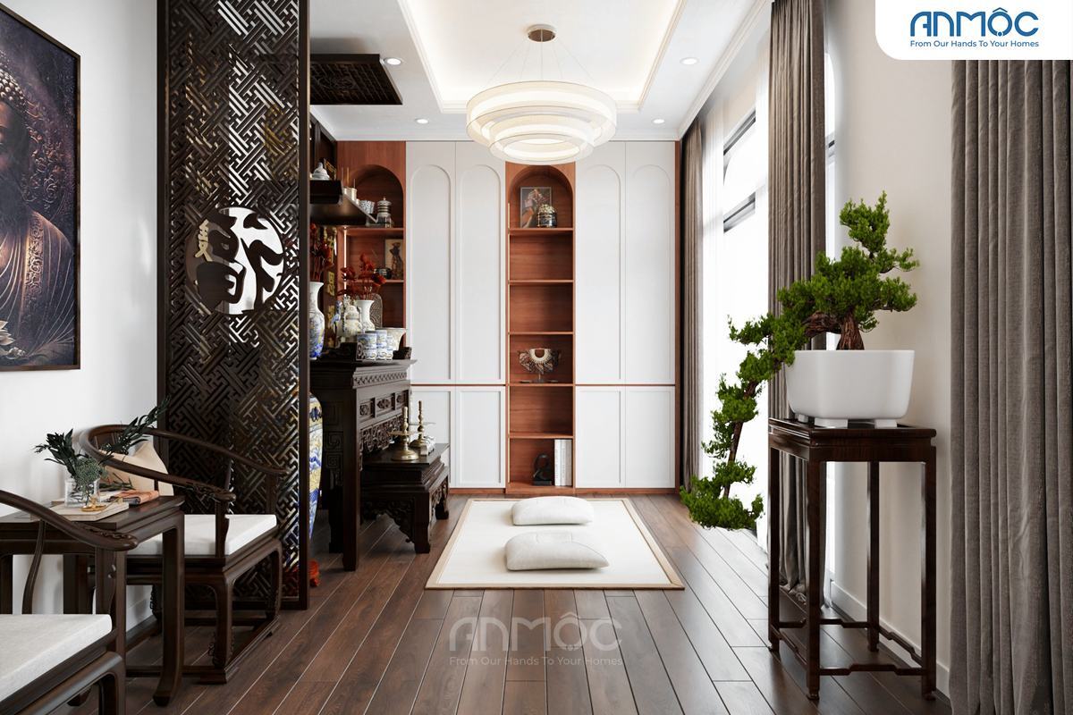 21+ Mẫu Thiết Kế Nội Thất Nhà Phố Đẹp Không Thể Bỏ Qua 2026 2088 Toàn cảnh phòng thờ với các kệ trang trí hai bên, vách ngăn họa tiết Indochine và đèn trần hình tròn hiện đại.